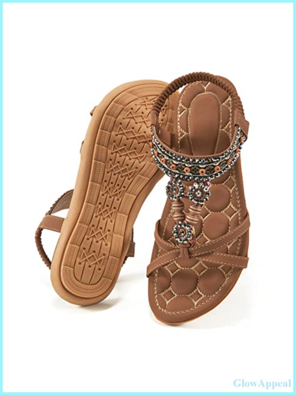 Womens Bohemian Flat Sandals Rhinestone Beaded Ankle Strap Casual